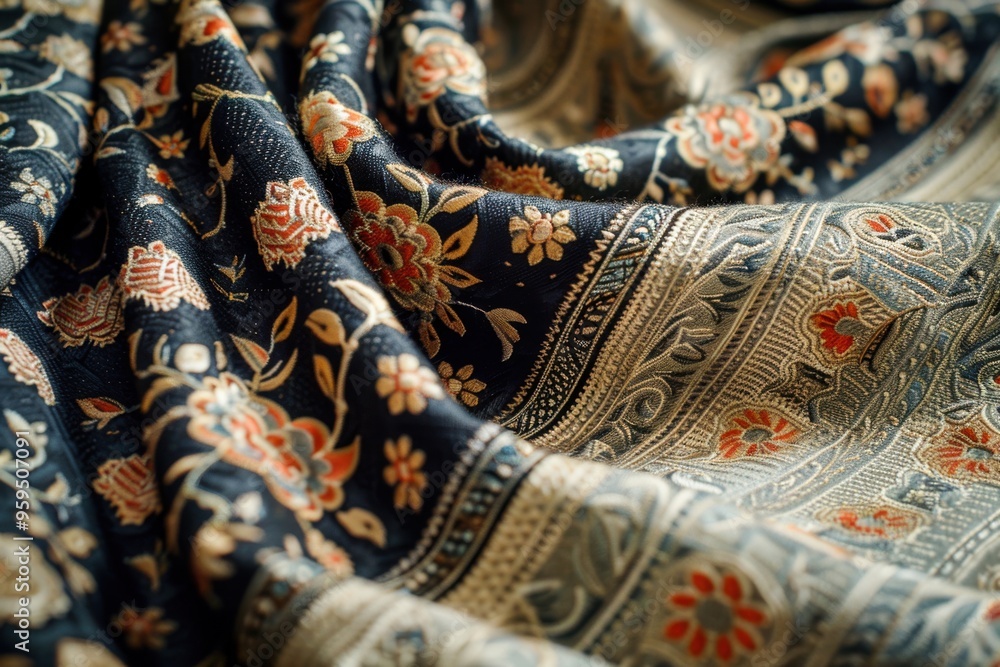 Poster a close-up of intricate textile patterns woven into a beautiful fabric, set against a plain backdrop
