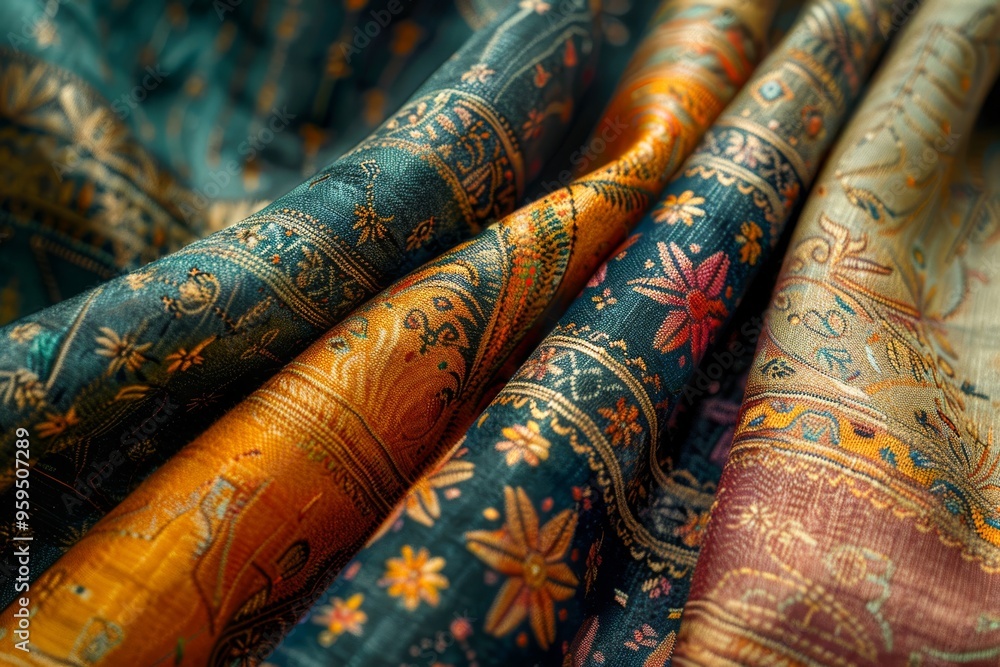 Poster a close-up of intricate textile patterns woven into a beautiful fabric, set against a plain backdrop