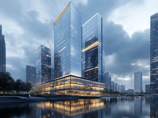 Two modern glass skyscrapers reflecting on a calm body of water at dusk.