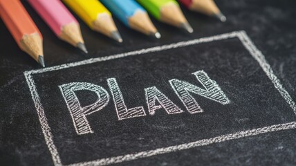 Fototapeta premium Colorful pencils beside a chalkboard displaying the word 'PLAN', representing creativity and strategic thinking.