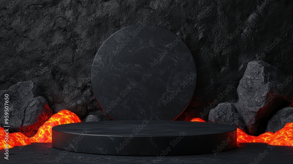 Poster dark minimalistic backdrop with a circular platform surrounded by glowing lava rocks, ideal for show