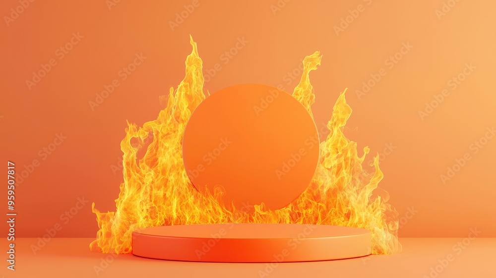 Poster dynamic orange sphere engulfed by flames, creating a stunning visual contrast on a vibrant backgroun