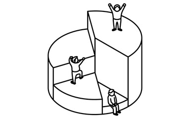 Business goal image, pie chart and ascending people simple line drawing illustration, isometric