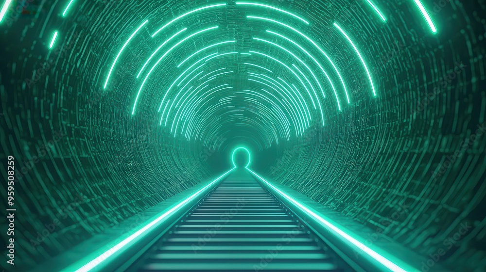 Poster futuristic tunnel with glowing neon lights, creating a surreal and immersive atmosphere for visual p
