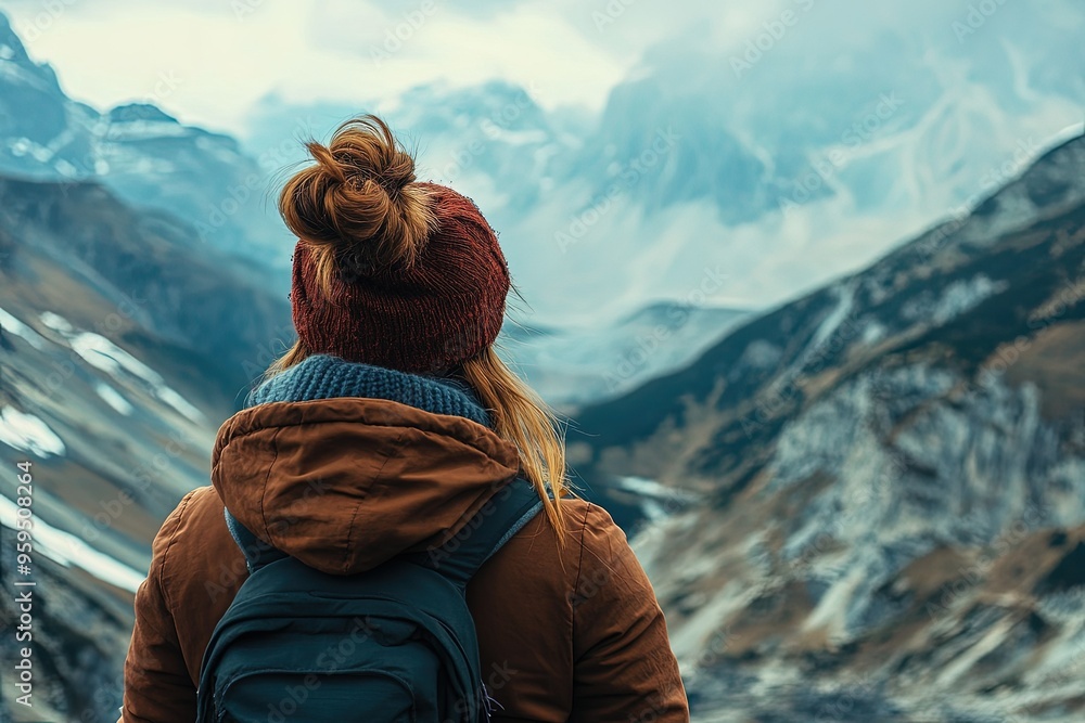 Wall mural a woman with a ponytail standing in the mountains