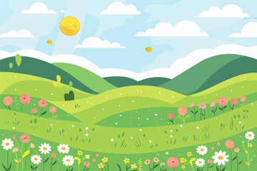 Fototapeta premium Vibrant and lush green hillside with colorful wildflowers and a golden sun