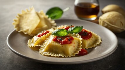 italian pasta dish ravioli isolated on a ceramic plate, concept for advertisement background