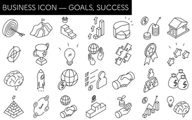 Obraz premium Business icon set of target, goal attainment, and goal, isometric illustration