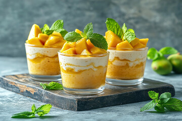 Glass of mango pudding with mint leaves.