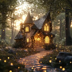 Fototapeta premium A charming fairytale cottage nestled amongst the trees, bathed in warm evening light with a cobblestone path leading to the front door.