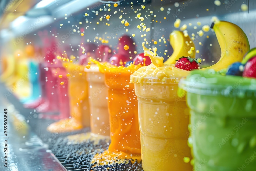 Poster a colorful smoothie production line with tropical fruits being blended, with splashes of color and f