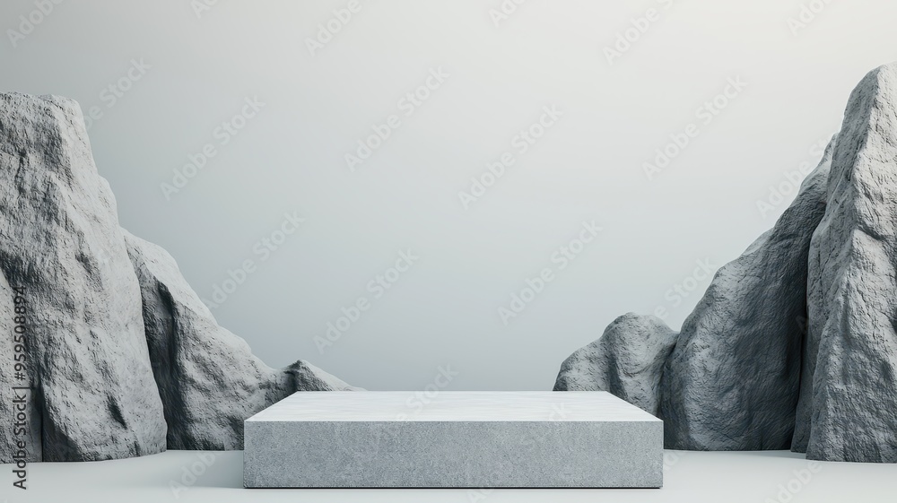 Poster minimalist display pedestal surrounded by impressive stone formations in a serene light setting for 