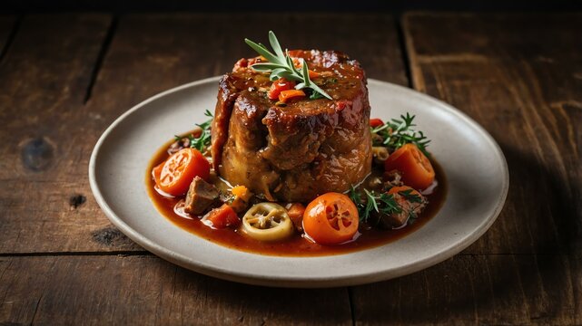 italian main course dish osso buco isolated on an aesthetic plating, concept for advertisement background