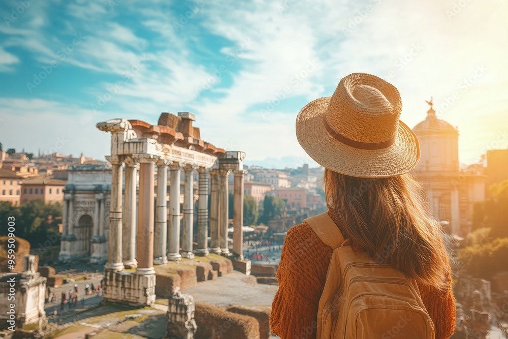 Sticker a woman in a hat looking at the ruins of a roman city