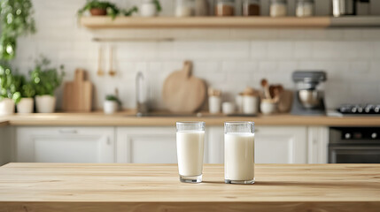 contemporary kitchen scene with a glass of milk on a wooden table, emphasizing clean lines and modern design