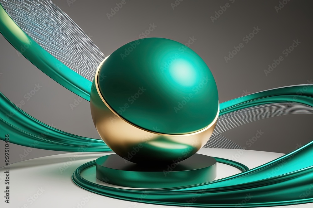 Poster dynamic 3d emerald sphere abstract design with shimmering curves and light effects