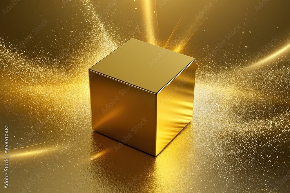Poster 3d golden abstract cube overlay with glimmer and depth