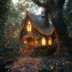 Fototapeta premium A charming stone cottage nestled in a lush forest, illuminated by warm lights.