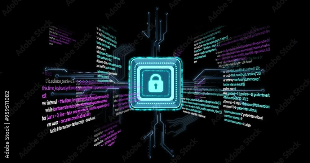 Poster cybersecurity lock icon over digital code and circuit board animation