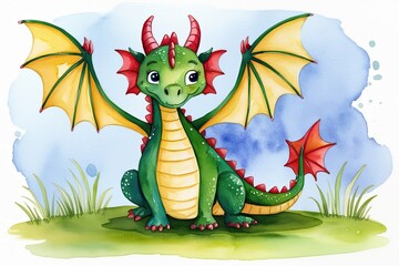 Fototapeta premium Charming Watercolor Dragon Artwork for Children's Room Decor