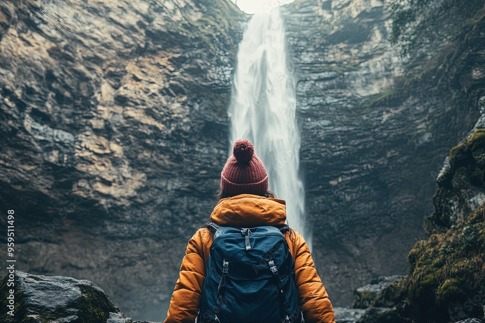 Canvas Prints a person with a backpack standing in front of a waterfall