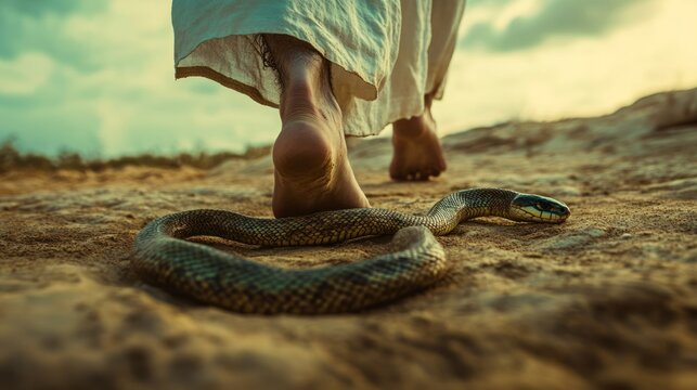 Close-up of a man wearing a white robe and sandals, symbolizing Jesus Christ, stepping over the snake, crushing its head and body. Ai generated image