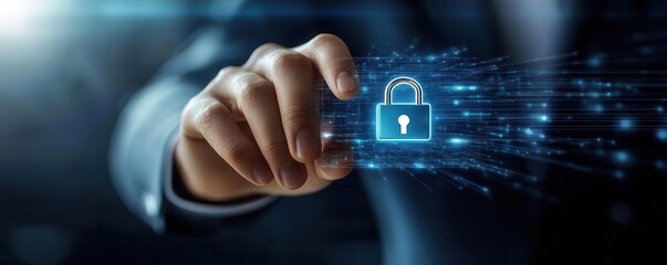 Fototapeta premium Close-up of a businessman s hand on a virtual padlock, symbolizing control over sensitive information in the digital world