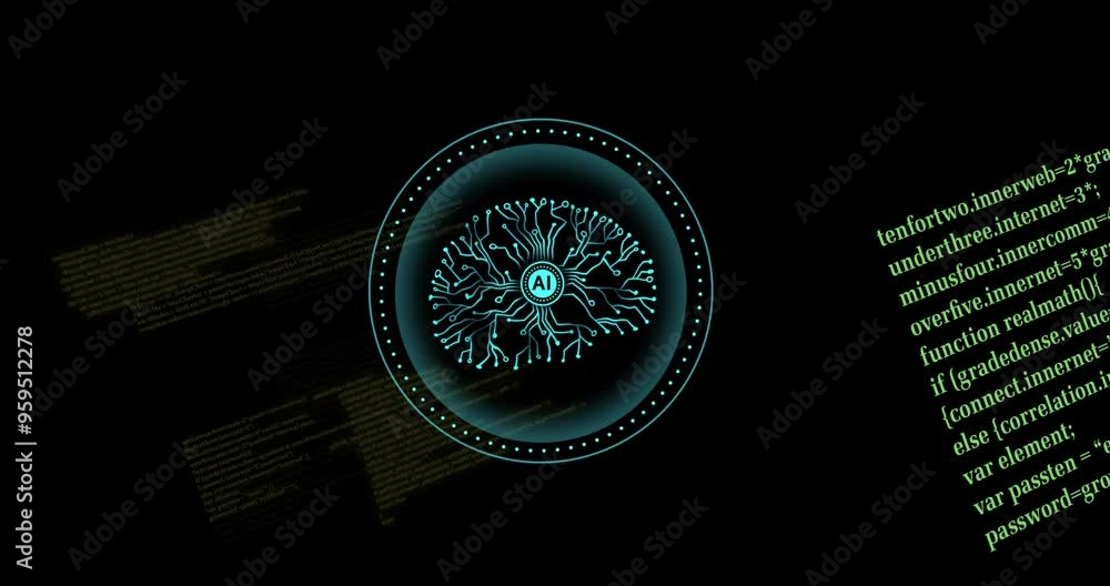 Poster ai neural network animation over green code on black background