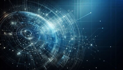 Abstract digital network with glowing lines and dots on a dark blue background.