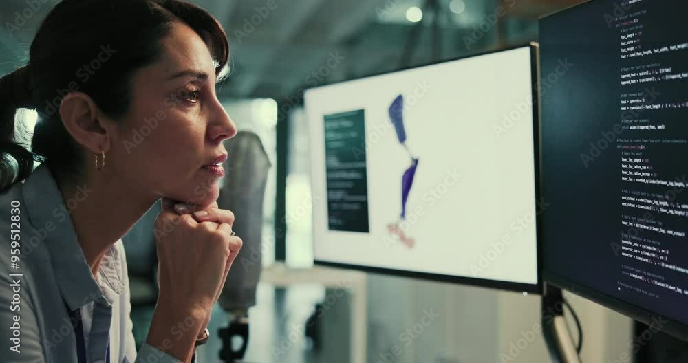 Poster Prosthetics, research and woman with computer screen in office for artificial leg, development and innovation. Bionic limb, interface and prosthetist with tech by prototype for biomechanics review