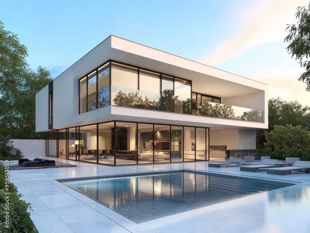 Poster modern home with large windows and pool.