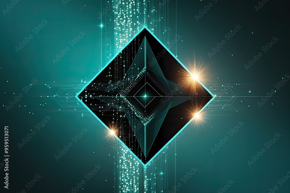 Poster sophisticated geometric digital visualization featuring sparkling lights and merging data points in 
