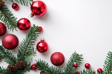 Obraz premium Christmas decoration with red baubles and pine branches on a white background