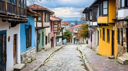 Obraz premium A scenic town with cobblestone streets and colorful, uniquely designed buildings creating a vibrant atmosphere