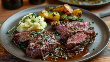 A close-up shot of a black plate filled with meat and mashed potatoes