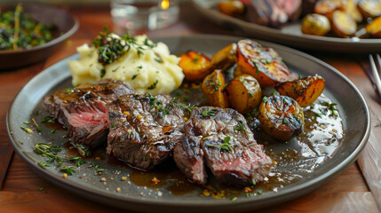 A plate of meat with a side of mashed potatoes