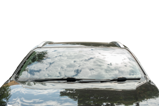 Modern car parked with blue sky and clouds reflecting on the windshield on a transparent background