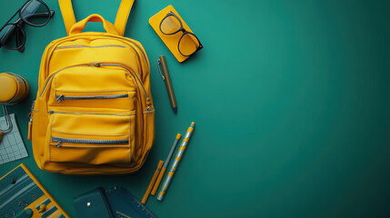 yellow backpack with school supplies on a green background with copy space for your message or text
