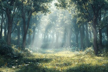 Obraz premium Forest clearing with sunlight filtering through trees