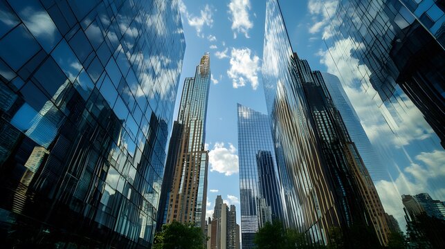 A cool cityscape with innovative, avant-garde architecture, featuring tall, elegant buildings