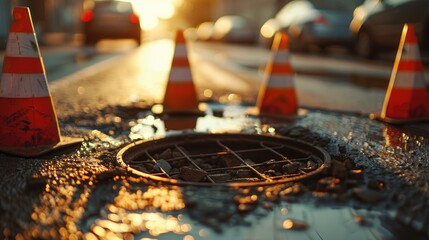 Close-Up of a Damaged and Collapsed Manhole Cover Surrounded by Traffic Cones Alerting Road Users