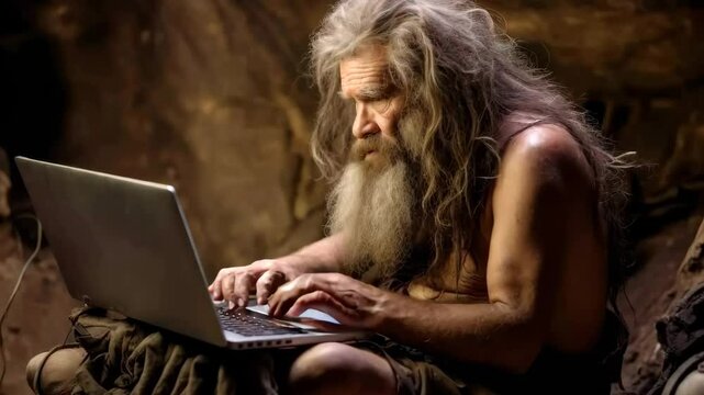 Primitive man is sitting in the cave and trying to typing on the laptop