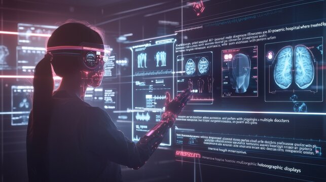 "A futuristic hospital where patients are treated by AI-powered medical bots that diagnose illnesses and perform surgeries with pinpoint accuracy, while doctors monitor multiple cases through 