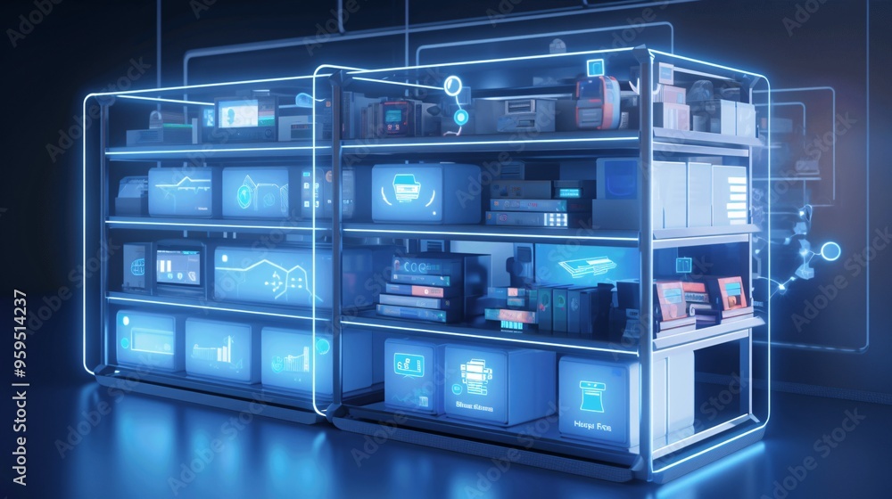 Poster futuristic data storage system with blue neon lights and digital interfaces