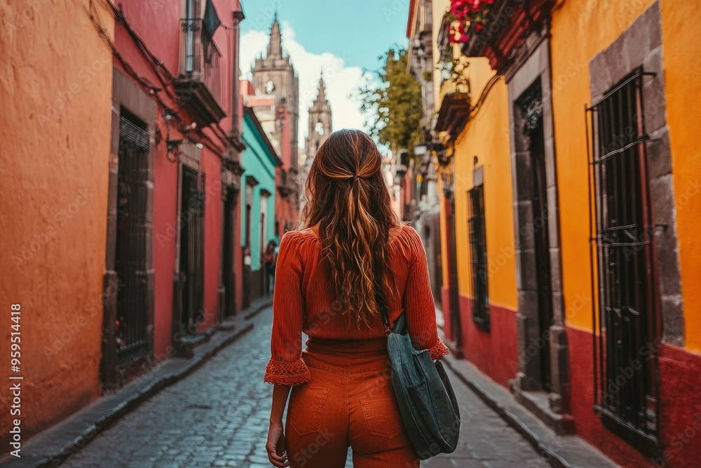 Canvas Prints a woman is walking down a narrow street