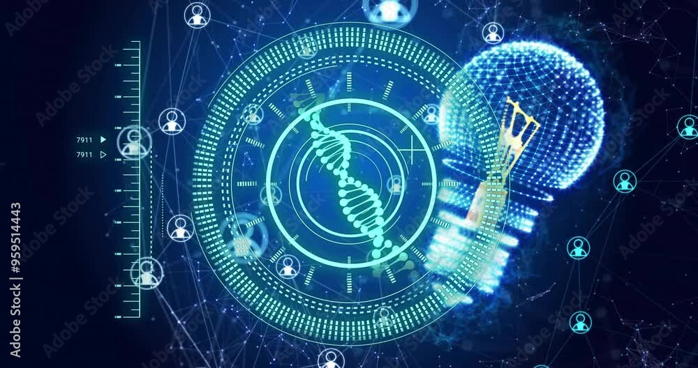 Poster dna strand and light bulb animation over network of connections and user icons