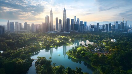 A cool town with sleek, modern skyscrapers and iconic buildings, blending perfectly with the surrounding natural beauty