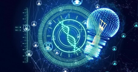 DNA strand and light bulb animation over network of connections and user icons - Powered by Adobe