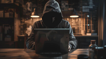 darkened hacker person hidden behind a dark hood and sitting at a laptop