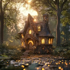 Fototapeta premium A whimsical cottage nestled in a lush forest with glowing lights, casting a magical ambiance.